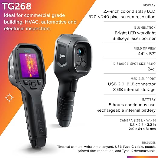 FLIR TG268 Thermal Imaging Camera with Spot IR Super Resolution 320x240 (160x120 Native IR) and Bullseye Laser: Commercial Grade Infrared Camera for Building Inspection, HVAC and Electrical