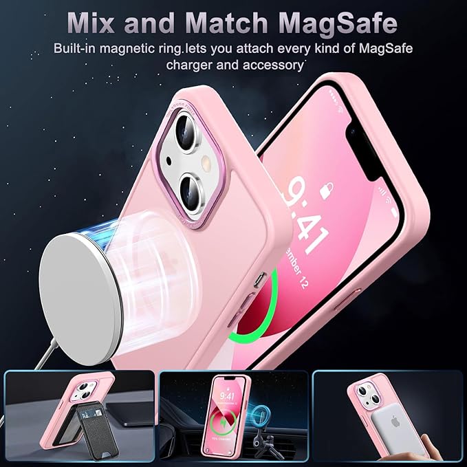 Newfuture Designed for iPhone 13 Case & iPhone 14 Case with Magnetic [13 FT Military Drop Protection] [Compatible with Magsafe] Translucent Shockproof with Anti-Fingerprint Phone Case, Tender Pink
