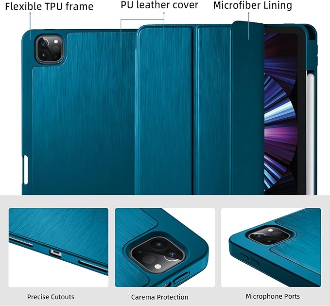 Wenlaty Case for iPad Pro 11 Inch 4th Generation 2022 with Pencil Holder, Protective Cover with Soft TPU Back, Also Fit for iPad 11 Pro Case 3rd Generation 2021 /2nd Generation 2020, PeacockBlue