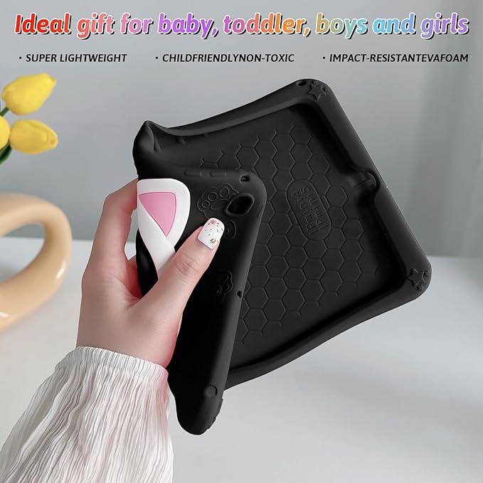 Dteck for iPad 9th/8th/7th Generation Case 10.2",Cute Cartoon Funda 3D Unique Design Light Rotating Handle Stand Shoulder Strap Soft Silicone Drop Rugged Shockproof Protective Kid-Proof Case,Black Cat