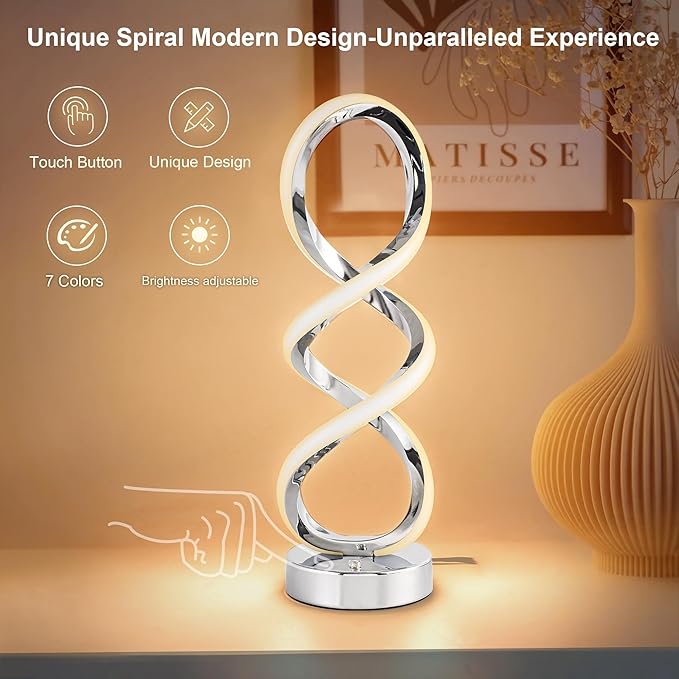 Modern Spiral RGB Table Lamp, Touch Dimmable Bedside Lamp, 7 Colors 10 Light Modes Spiral Design Table Lamp, Unique Nightstand Lamp for Living Room, Bedroom, Cool Lamps, Silver