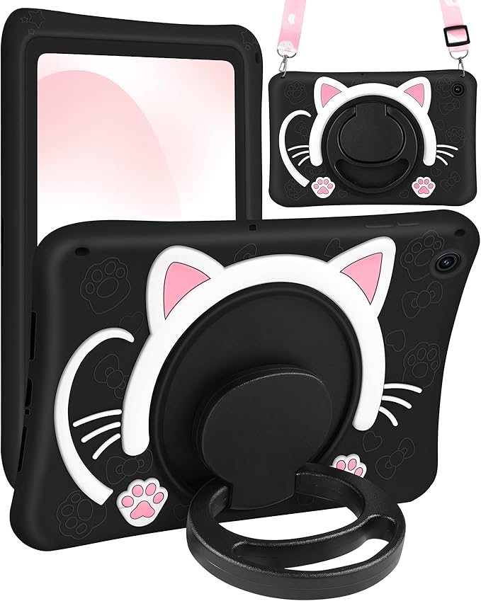 Wazzasoft for Samsung Galaxy Tab A9 Plus Case 11” Girls Cute Black Cat Cover Kawaii Girly 3D Cartoon Women Kitten with Rotating Handle Stand & Strap Soft Silicon Funda for Samsung A9 Plus Tablet Case