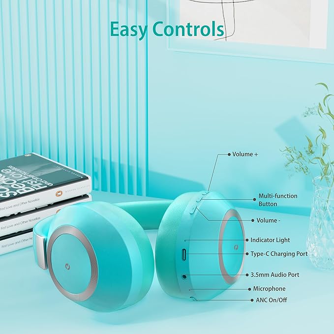 Active Noise Cancelling Headphones, 100H Playtime Bluetooth Headphones Wireless Bluetooth with Mic, Over Ear Wireless Headset with Deep Bass,Fast Charging for Travel (Light Green)