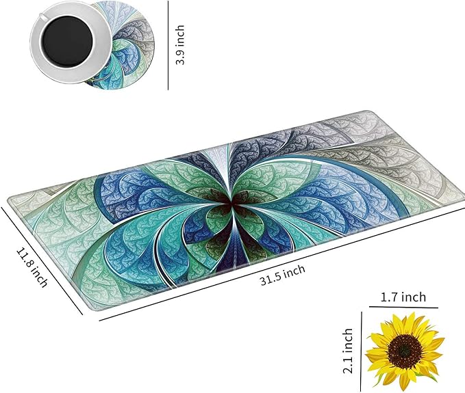 Large Gaming Mouse Pad Office Extended XL Mousepad Non-Slip Soft Keyboard Mouse Mat Home Desktop Writing Pad (31.5"×11.8") with Blue Fractal Flower Design + Cup Coaster and Cute Stickers