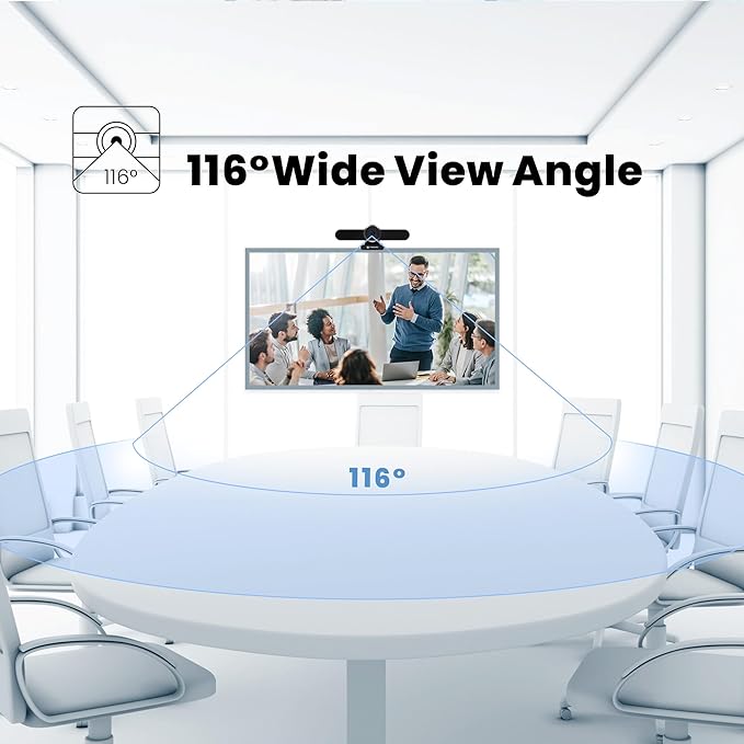 4K Webcam Conference Call TV Room Web Camera with Dual Microphones &Speaker, | All-in-One USB Video Camera, 116° Wide Angle, AI Auto Framing | Compatible with Zoom, OBS