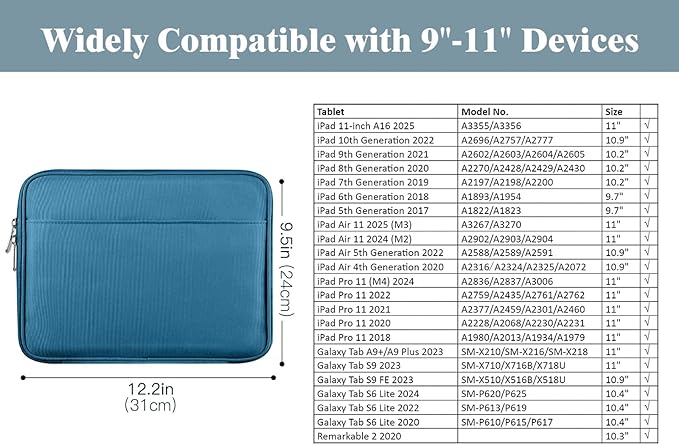 TiMOVO 9-11 Inch Tablet Sleeve Bag for iPad 11-inch A16 2025, iPad 10th Gen. 10.9", iPad 10.2", iPad Air 11/5th/4th Gen. 10.9", Galaxy Tab A9 Plus 11", Carrying Case with Pocket, Peacock Blue