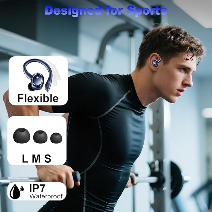 Hupoaf Wireless Earbuds Sport, 2025 Bluetooth 5.4 Headphones with Earhooks, 50H Stereo Deep Bass Over Ear Buds with 4 ENC Noise Canceling Mics, IP7 Waterproof Earphones for Running Workout Gym -Blue