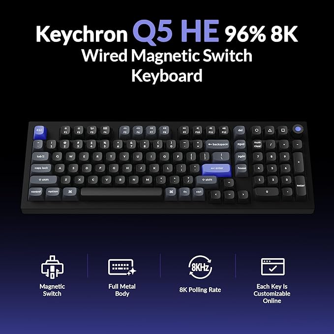 Keychron Q5 HE 96% 8K Wired Hall Effect Gaming Keyboard, Rapid Trigger Magnetic Switches Keyboard Hot Swappable, 8000 Hz Polling Rate, Adjustable Actuation, Aluminum, RGB, QMK, Mac/Windows – Black