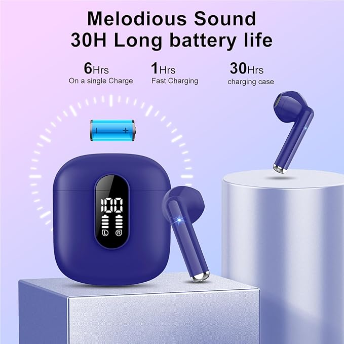 Wireless Earbuds, Bluetooth 5.4 Headphones HiFi Stereo, Bluetooth Earbuds with ENC Noise Cancelling Mic, 36H LED Display Ear Buds, IPX7 in Ear Earphones for Phone Tablet Laptop Sports, Dunkelblau