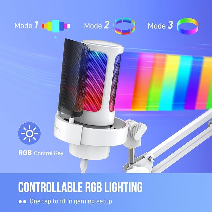 FIFINE Gaming PC USB Microphone Kit, Condenser RGB Mic with Metal Boom Arm, Mute, Gain Knob, Headphones Monitoring, Streaming Microphone Bundle for PS4/PS5, YouTube, Discord, Twitch-A8T White