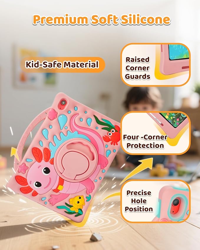 Kids Case for iPad Air 11 Inch 6th (M2 M3) / iPad Pro 11" 4th/3rd/2nd/1st / iPad Air 5/4 10.9", Axolotl Cute Silicone Cover with 360 Rotating Stand, Detachable Strap & Stylus Holder (Pink)