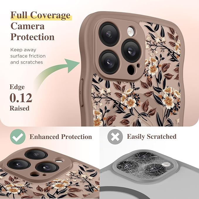 GVIEWIN for iPhone 14 Pro Case Compatible with MagSafe [Curly Wave Edge][Full Camera Protection] Floral Translucent Shockproof Magnetic Women Phone Case for 14 Pro, Bunchflower/Brown