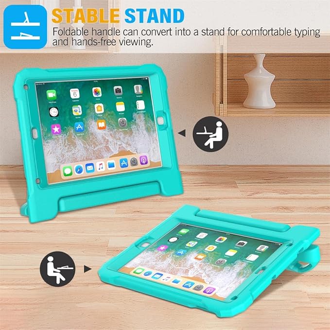 SUPLIK Kids Case for iPad 5th/6th Generation (9.7 inch, 2017/2018), iPad Air 1 & Air 2 & Pro 9.7 Case with Screen Protector, Durable Shockproof Protective Cover with Handle Stand, Cyan