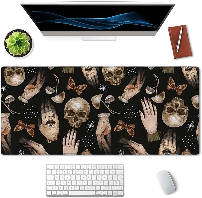 SSOIU Extended Gaming Mouse Pad (35.5x15.7 in), Large Stable Rubber Base Mousepad with Stitched Edges, Keyboard Mouse Mat Desk Pad for Work, Game, Office, Home - Magical Skull Pattern with Witch Hands