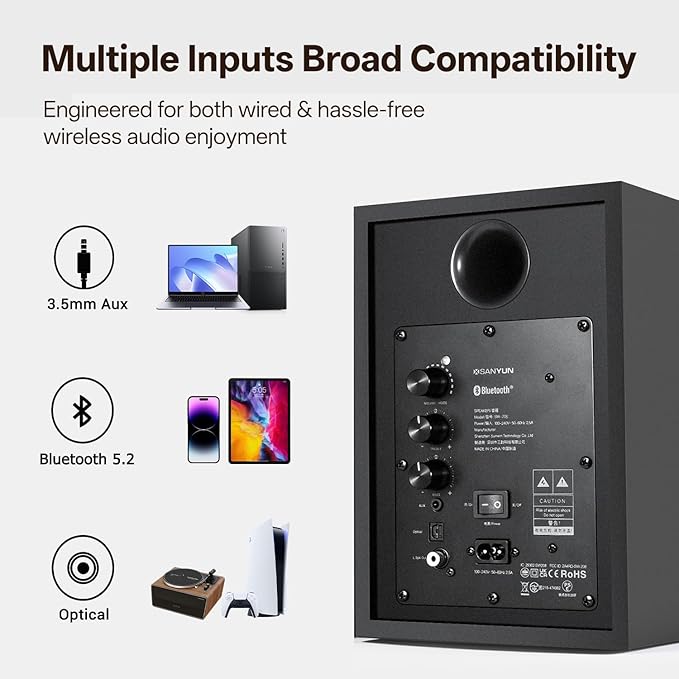 Sanyun SW205 4" 80W HiFi Bookshelf Speakers, 2.0 Active Near Field Studio Monitor, Upgraded 3D Sound Field, Flagship DAC & DSP, Geometric Diffusion Cabinet, Bluetooth 5.4/Optical/AUX, Black