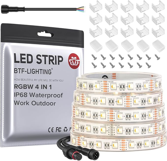 BTF-LIGHTING IP68 Waterproof Outdoor RGBW LED Strip 5050SMD RGB+Warm White(3000K-3500K) 4 Color in 1 DC12V 16.4ft 5m 60LED/m Multi-Colored Light White PCB Can Work Outdoor(No Adapter or Controller)
