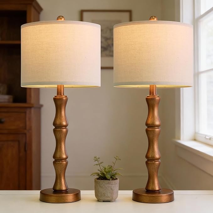 BOBOMOMO 25" Vintage Nightstand Lamps Set of 2, Farmhouse Table Lamps with Antique Gold Resin Base & Linen Shade, Standard Table Lamps for Bedroom, Living Room, Hallway & House Décor