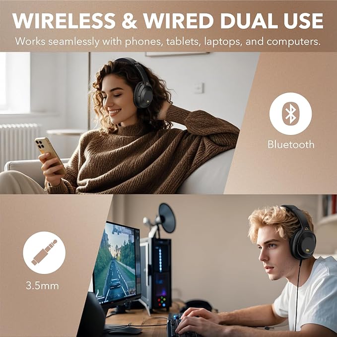 YMOO Active Noise Cancelling Headphones for Airplane Travel, LDAC Hi-Res Audio, Wired and Wireless ANC Headphones, 100H Playtime Over Ear Headphones, Custom EQ via App, Bluetooth 6.0 Headset for All