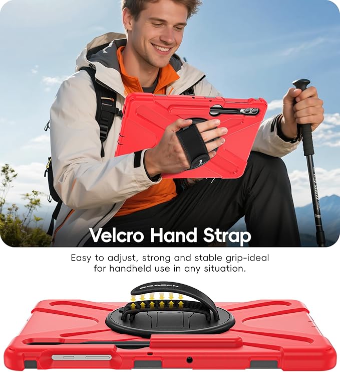 BRAECN for Samsung Galaxy Tab S10 Plus Case 2024/S9 Plus/S9 FE+/S8 Plus/S7 Plus /S7 FE 12.4 Inch,Heavy Duty Shockproof Case with S Pen Holder&360 Rotating Hand Strap/Kickstand Shoulder Strap,Red