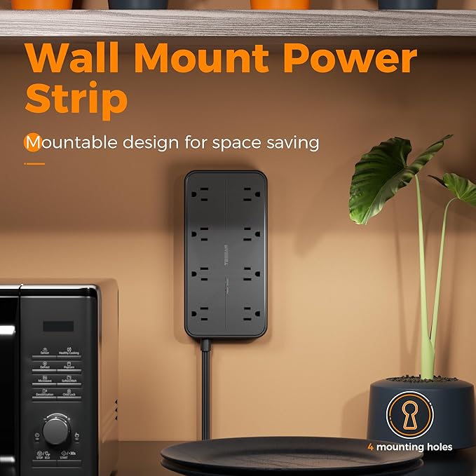 TESSAN Power Strip Surge Protector, 6FT Flat Plug Extension Cord with 8 Outlets 3 USB Charger(1 USB C), 1080 Joules Protection, Wall Mountable Charging Station for Home Office Dorm, Black