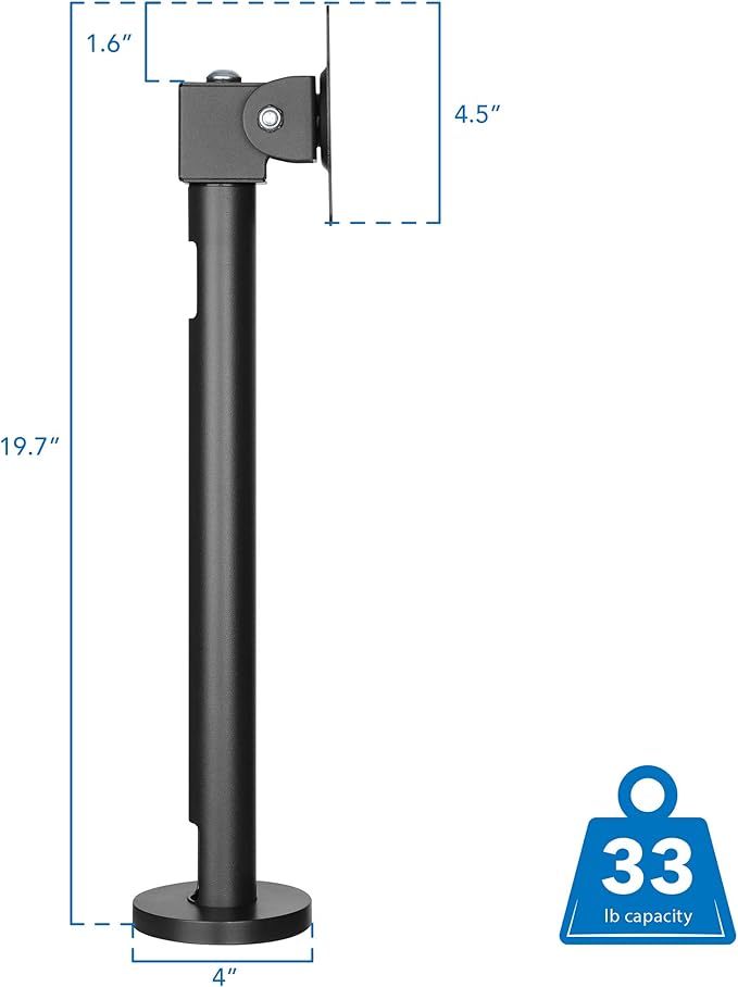 Mount-It! Fixed Height POS Monitor Mount – 19.7” Monitor Pole Mount for Retail Checkout Counters and Point of Sale Systems, Bolt-Down Base, VESA 75x75 & 100x100, Fits 13–32” Monitors, 33 lb Capacity
