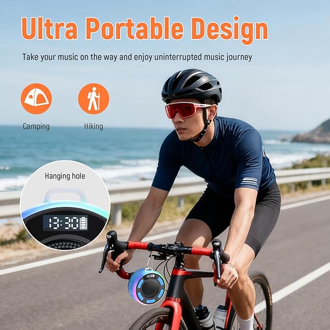IPX7 Waterproof Shower Bluetooth Speaker, Portable Small Speaker with Suction Cup and Time Display, Loud Crystal Sound & Bass 10H Playtime 1100mAh, Wireless Shower Speakers for Pool, Beach Gift Blue