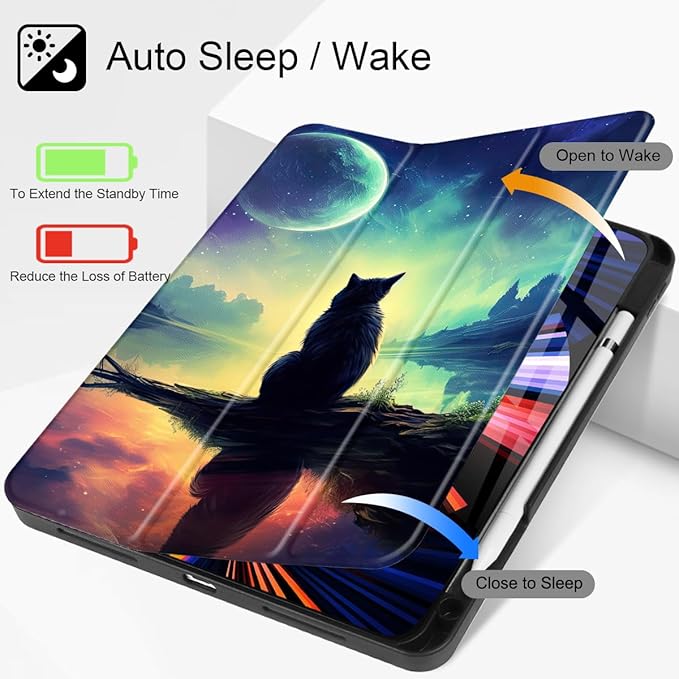 Tuiklo for iPad Pro 12.9 inch 6th / 5th / 4th / 3rd Generation 2022 2021 2020 2018 Release Case- Built in Pencil Holder Slim Protective Cover with Auto Wake/Sleep, Cat and Moon