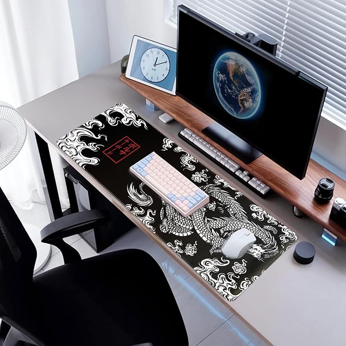 Loong XL XXL Gaming Desk Mat with World Map (31.5 x 11.8in), Anti-Slip and Waterproof Rubber Mouse Pad & Keyboard Mat (3MM Thick)
