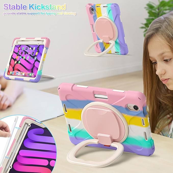 BRAECNstock Kids Case for Apple iPad mini 7 (A17 Pro)/ Mini 6 2024/2021 8.3-Inch Shockproof Protective iPad mini Case with Screen Protector, Rotating Stand, Handle Grip, Pencil Holder, Rainbow Pink