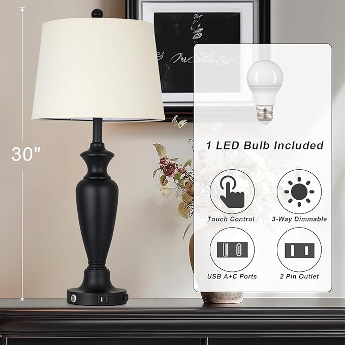 Cinyirong 30" Tall Black Table Lamp, 3-Way Dimmable Touch Control Bedside Lamp with USB A+C & AC Outlet for Bedroom, Living Room (1 Pack)