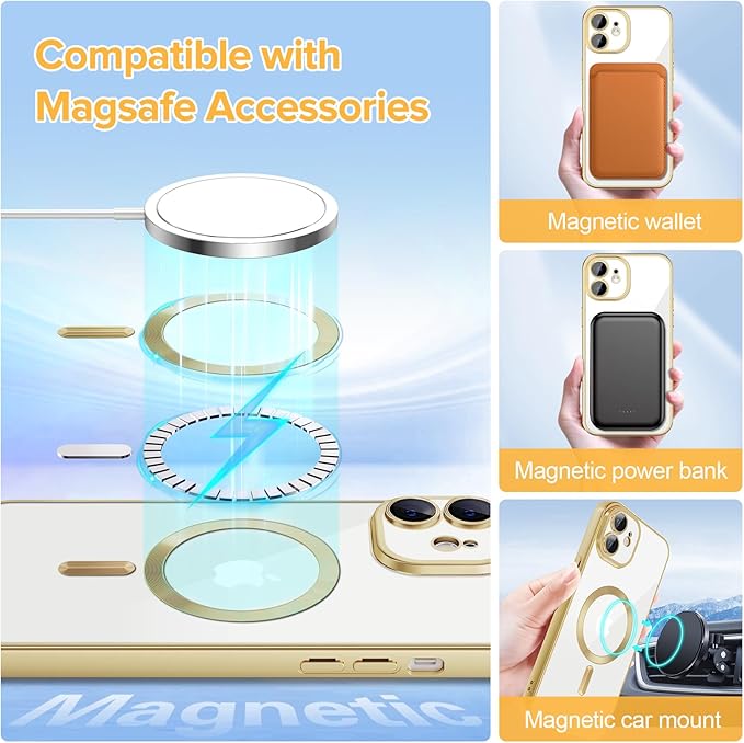 Hython Magnetic Clear for iPhone 12 Case with Camera Lens Protector [Compatible with MagSafe] Luxury Plating Edge Slim Soft TPU Cover Protective Phone Case for iPhone 12 6.1", Matte Gold