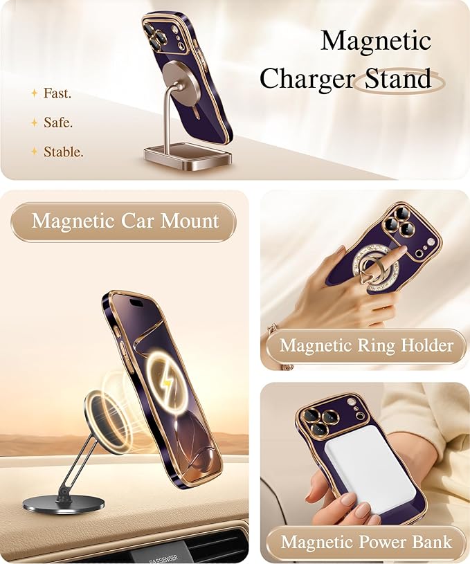 GVIEWIN for iPhone 17 Pro Max Case Compatible with MagSafe, Upgraded [Full Camera Protection][Cute Wave Frame][Military Grade Protection] Electroplated Hard Phone Cover for Women Girl, Purple