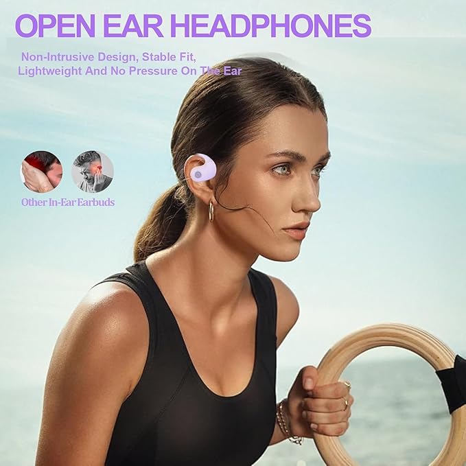 Open Ear Headphones, Bluetooth 5.4 Wireless Sports Headphones with Digital Display Charging Case 48 Hours Playtime True Earbuds with Earhooks for Running Walking Workout (Fresh Purple)