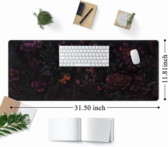 Dark Cottagecore Desk Mat Black Purple Flower XL Mouse Pad Large Gaming Mousepad Extended Vintage Aesthetic Desk Pad Keyboard Mouse Mat 31.5 x 11.8 in for Work Game Office Decor