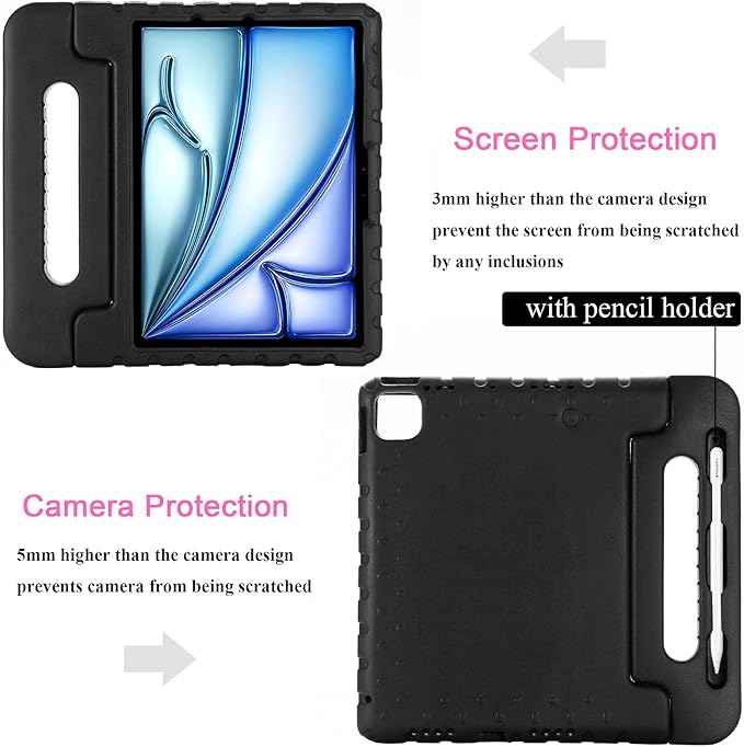 Kids Case for iPad Air 11-inch M3/M2 & iPad Pro 11 inch Case M5/M4 (2025/2024) with Pencil Holder/Kickstand Lightweight Convertible Handle Stand EVA Shockproof Rugged Protective Cover, Black