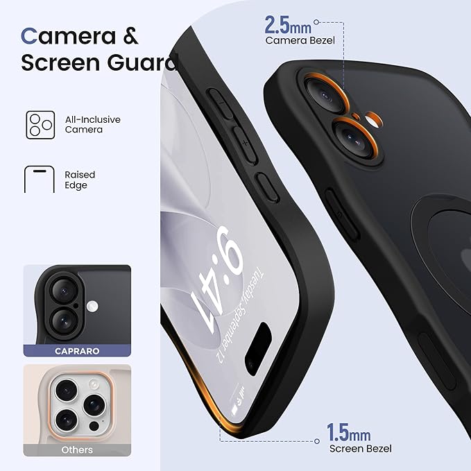 CAPRARO for iPhone 16 Plus Case with 360° Spin Magnetic Stand for Women, [Compatible with MagSafe] [Full Camera Protection] Cute Wave Translucent Matte Case for iPhone 16 Plus, Black