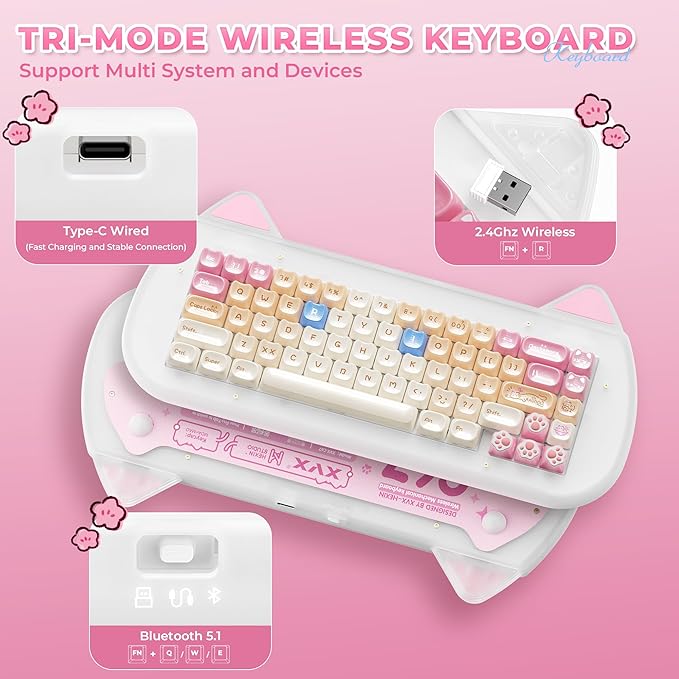 XVX C67 Wireless Mechanical Keyboard Cute Design, 60% Gaming Creamy Keyboard Custom QMK/VIA, BT5.0/2.4G/USB-C Mode, Hot Swappable Linear Switch RGB Backlits, Gasket Mount for Win/Mac(AcriCat, Pink)