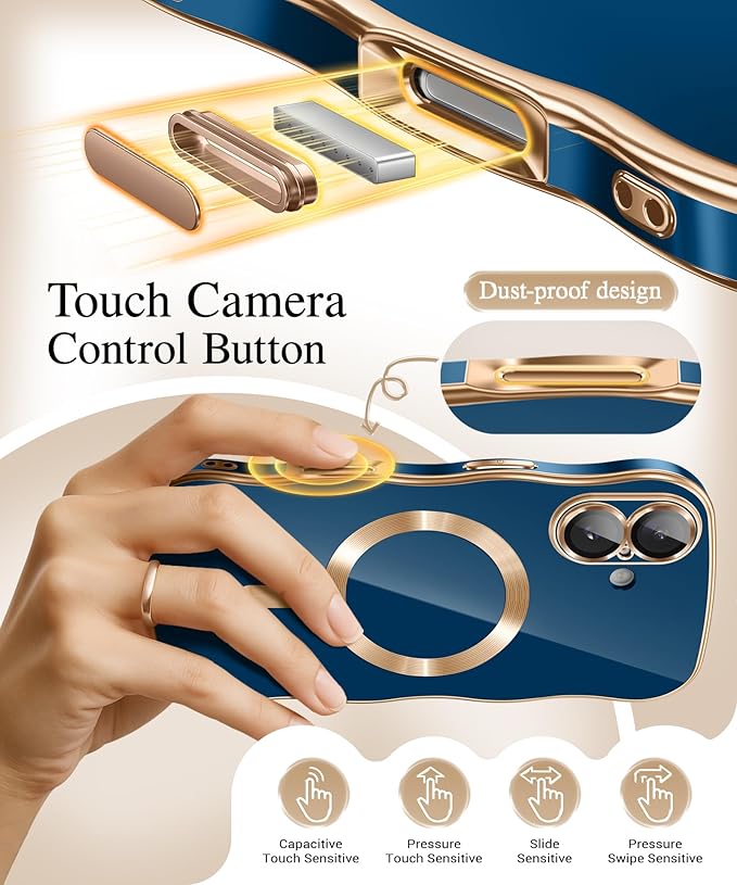 GVIEWIN for iPhone 17 Case Compatible with MagSafe, Upgraded [Full Camera Protection][Cute Wave Frame][Military Grade Protection] Electroplated Hard Phone Cover for Women Girl, Blue