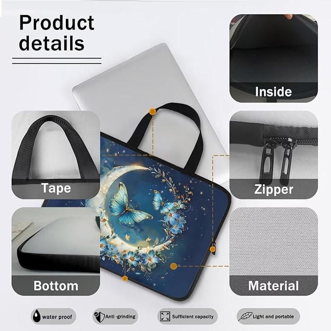Blue Butterfly Moon Computer Bag Sleeve with Handle, Protective Tablet Case with Zipper, Women Sturdy Laptop Bag, Portable Notebook Sleeves Handbag for Travel/Business/School