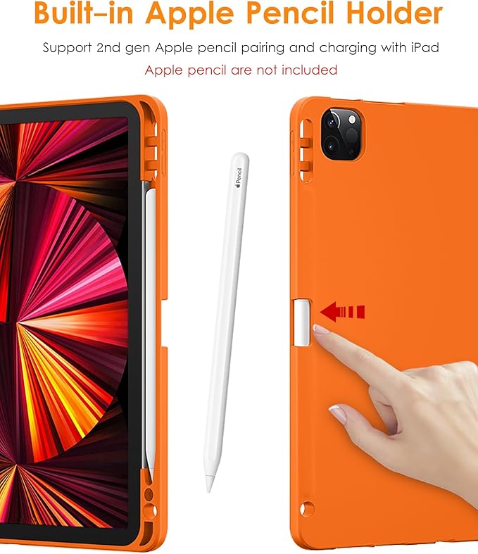 DTTO for iPad Pro 11 inch 4th/3rd/2nd/1st Generation 2022/2021/2020/2018 Case, Smart Slim Trifold Stand Soft TPU Back Cover with Built-in Pencil Holder, Also Fit iPad Air 5/4,Orange