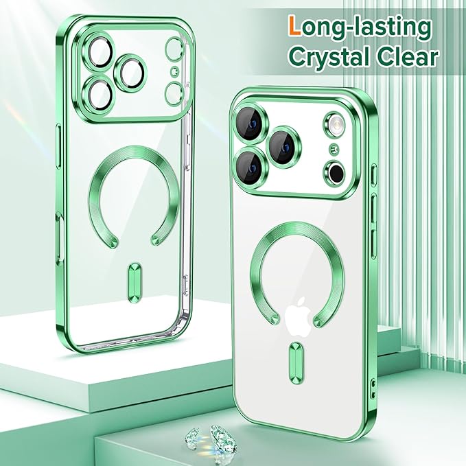 Hython Magnetic Clear for iPhone 17 Pro Case with Camera Lens Protector [Compatible with MagSafe] Luxury Plating Edge Slim Soft TPU Cover Protective Phone Case for iPhone 17 Pro 6.3", Light Green