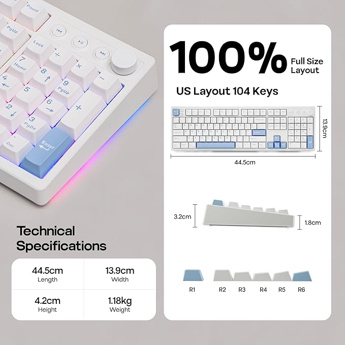 MechLands Vibe108 Full Size Mechanical Keyboard with Knob & Multimedia Buttons, Wireless Gaming Keyboard with 10000mAh Battery, RGB Backlits, 104 Keys Hot Swappable, Custom Driver (Cream Mint Switch)