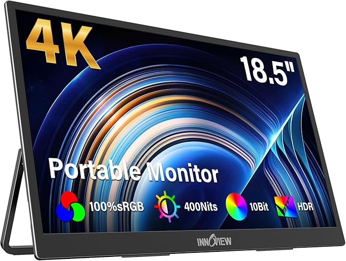InnoView 4K Portable Monitor 18.5" 3840x2160 UHD USB-C HDMI for Laptop, 400 nits IPS Computer Gaming Display HDR Travel Monitor with W/180°Adjustable Stand for Desktop Mac Phones Tablet PS5/4 Switch