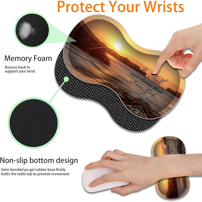 Durable Desk Mat + Wrist Rest Pad + Coasters Set, Large Gaming Office Mouse Pad 31.5 "x 11.8", Extended Non-Slip Rubber Keyboard Pad, Laptop & Home, Sunset Beach
