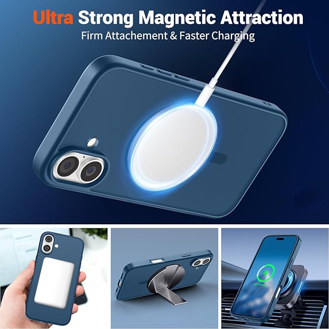 SUPFINE Magnetic for iPhone 16 Case (Compatible with MagSafe) (Military Grade Drop Protection) Translucent Matte Shockproof with Anti-Fingerprint Phone Case,Deep Blue