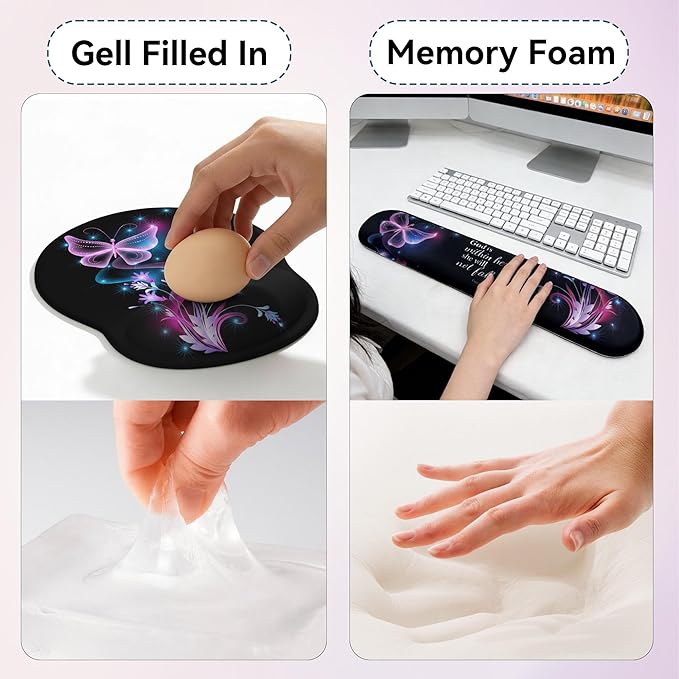 Desk Mat Set + Keyboard and Mouse Pad with Wrist Rest Support,4-in-1 Large Mousepad Computer Mats for Desktop Home & Office-Purple Butterflies