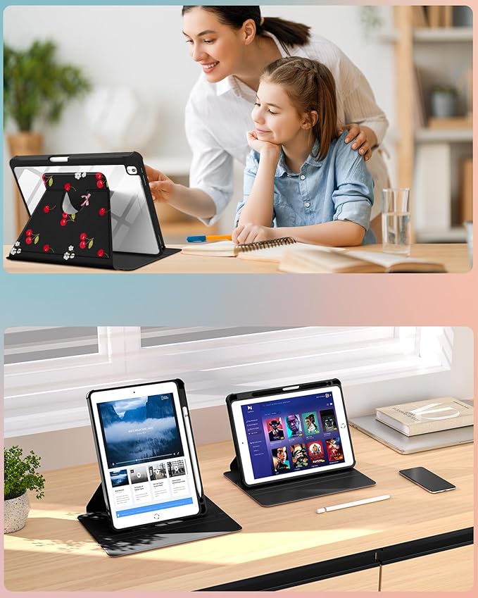 Uppuppy for iPad 9th/8th/7th Generation Case for iPad Air 3rd/ Pro 10.5” Case - 360 Rotating Stand Folio Smart Cover with Pencil Holder for Women, Cherry Bow Flowers for Apple Tablet 7/8/9 Gen 10.2”