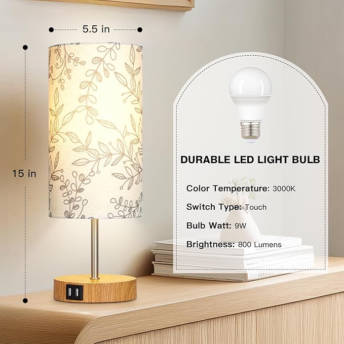 CINSARY Bedside Touch Lamps for Nightstand with 2 USB Charging Ports, 3 Way Dimmable Wood Bedroom Lamp with Flower Fabric Shade, Small Table Lamp for Living Room Reading Desk (LED Bulb Included)