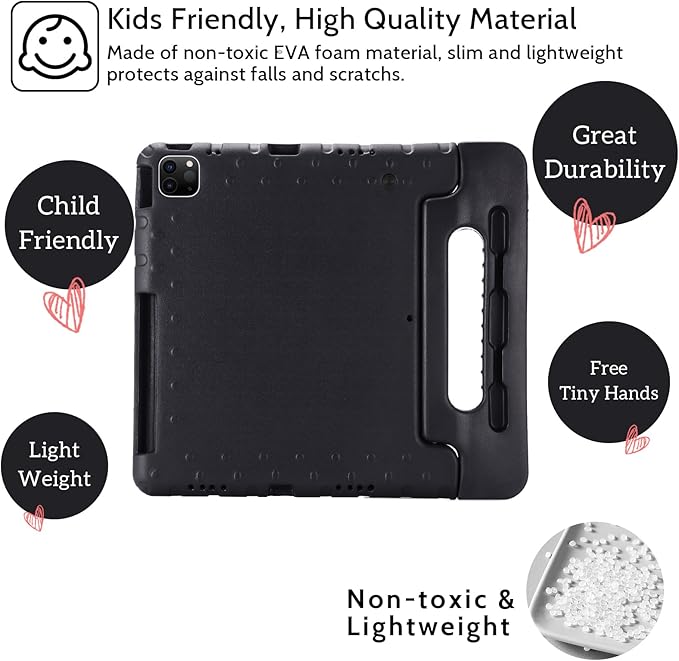 Dteck Kids Case for iPad Air 11" M2 2024, iPad Pro 11" Case 2024, Lightweight Shockproof Rugged EVA Kids Friendly Handle Kickstand Child Proof Protective Case with Pencil Holder, Black