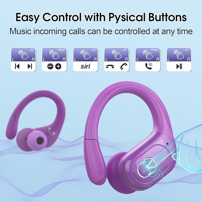 Wireless Earbuds 75hrs Bluetooth 5.4 Headphone Sport, 2026 Bluetooth Earbuds Stereo Deep Bass Over Ear Bud with Earhooks, ENC Noise Cancelling Mic, IPX7 Waterproof Earphone for Gym/Workout, Purple